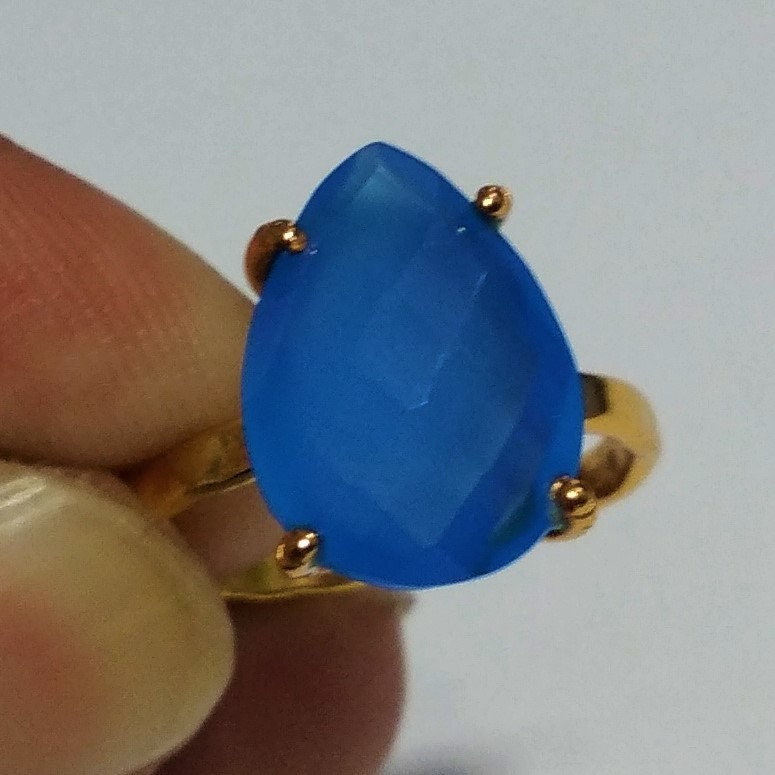 Natural Blue Chalcedony Gemstone Ring, 925 Solid Sterling 18k Gold Plated Silver Ring, Chalcedony Stone Size 14x10 mm Gift Mother's day Ring